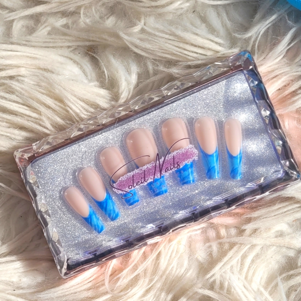 Soleil Nails Press-On's Long Coffin  French Tip Blue Raz Women's